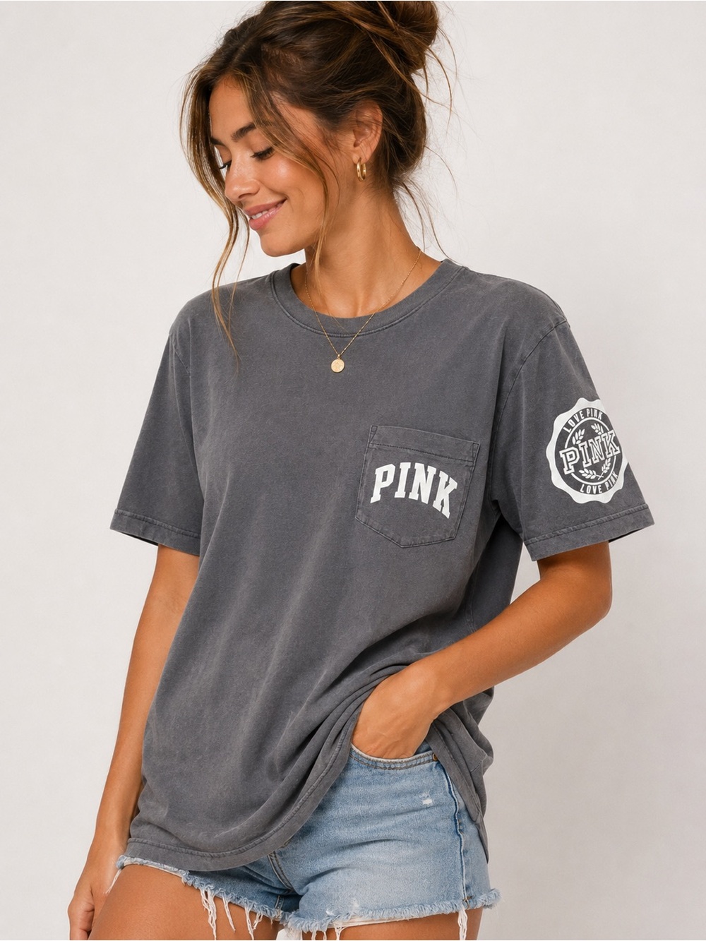 PINK Victoria’s Secret Gray Pocket Tee Size S Logo Graphic 100% Cotton - Picture 11 of 11